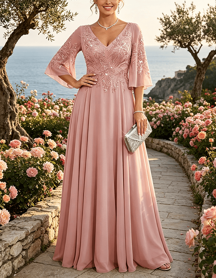 Vestido Maxi de Chiffon Verde-Sálvia com Lantejoulas Embutidas