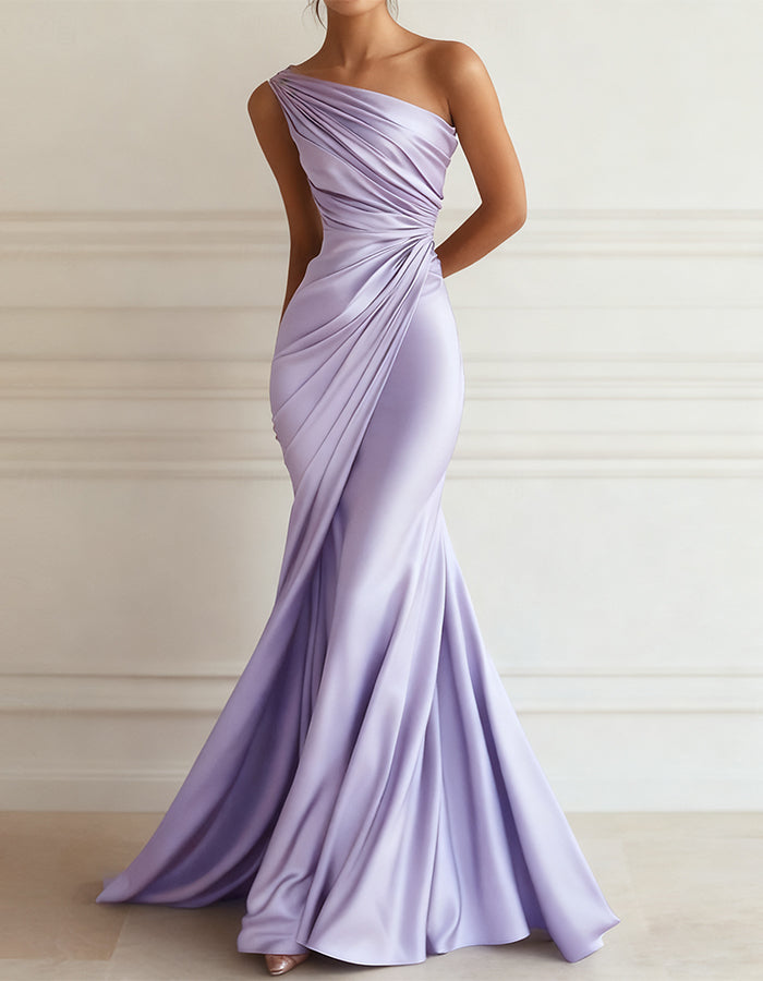 Vestido maxi de satén elástico plisado con un solo hombro