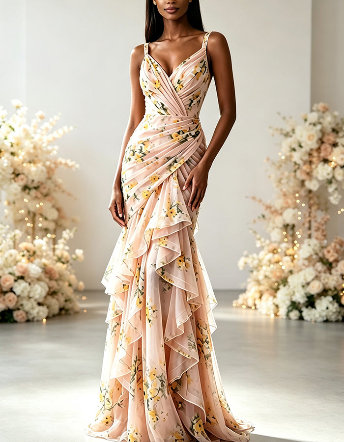 Yellow Floral V-Neck Chiffon Tiered Mermaid Maxi Dress