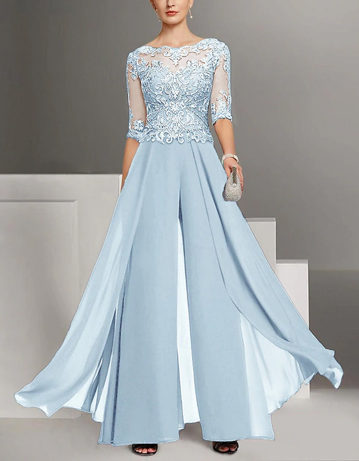 Traje de Noche de Gasa Monocolor con Encaje para la Madre de la Novia