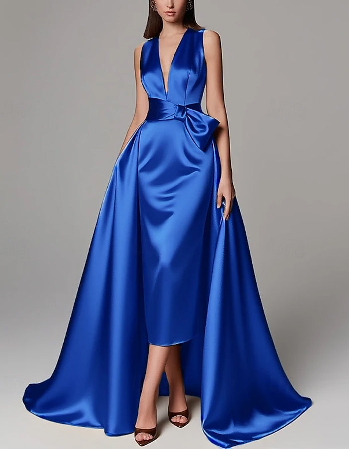 Vestido maxi formal de línea A, color liso, largo hasta el suelo, manga larga, satén con lazo.