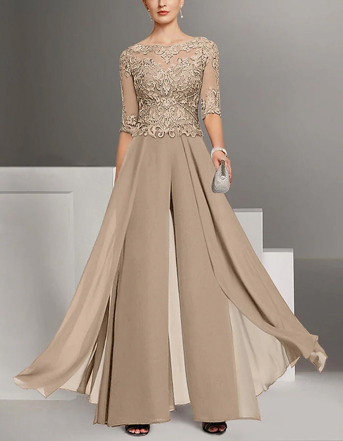 Traje de Noche de Gasa Monocolor con Encaje para la Madre de la Novia