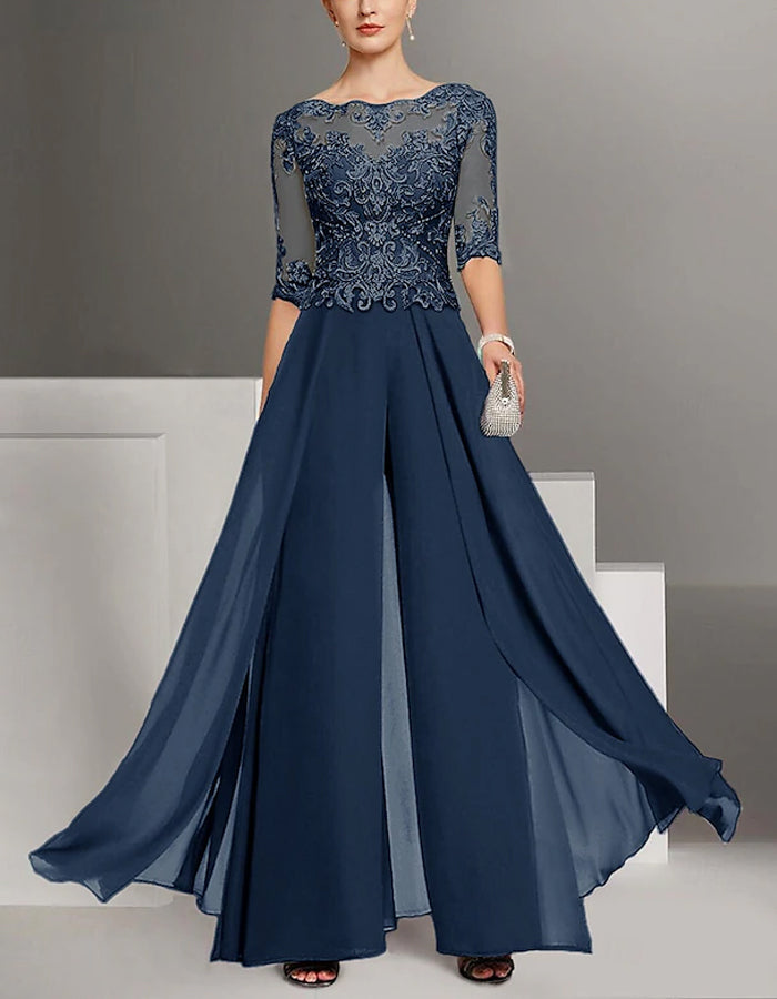 Traje de Noche de Gasa Monocolor con Encaje para la Madre de la Novia