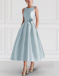 Solid Color Satin 3d Flowers Midi Dress