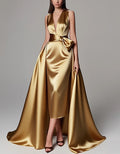 Solid Color A-line Formal Floor-length Satin Ribbon Bow Maxi Dress
