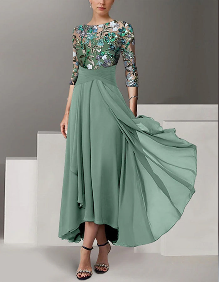 A-line Vintage Chiffon Half-sleeve Sequin Embroidery Mother Of The Bride Midi Dress