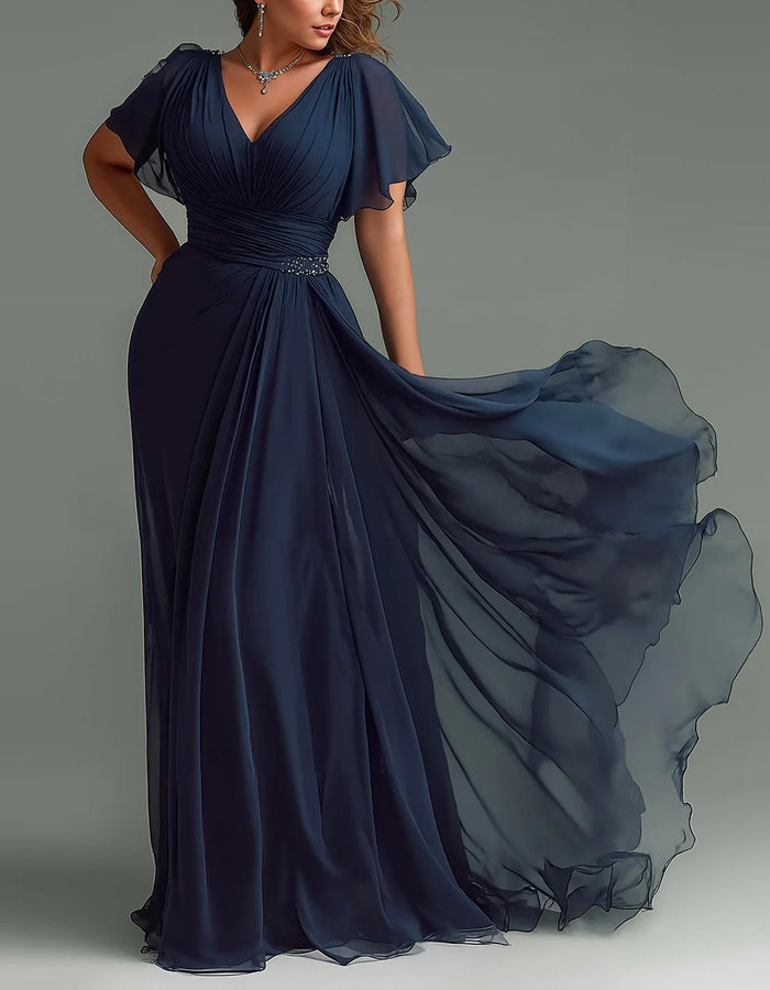 Donkerblauwe chiffon maxi-jurk met V-hals
