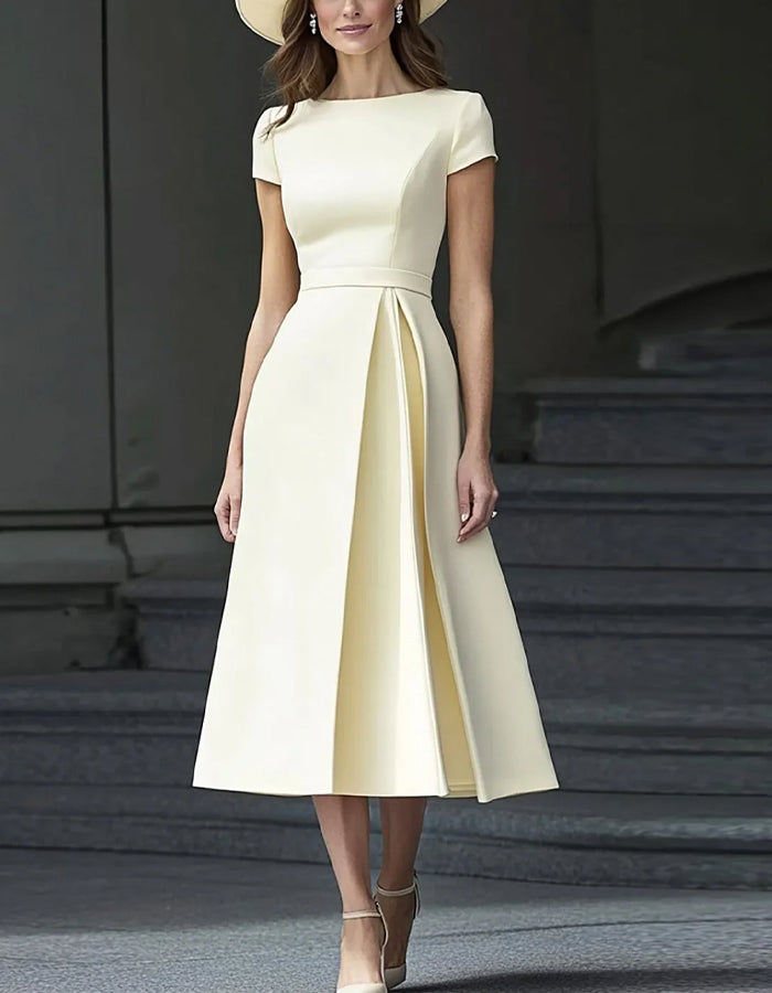 Solid A-line Short Sleeves Midi Dress