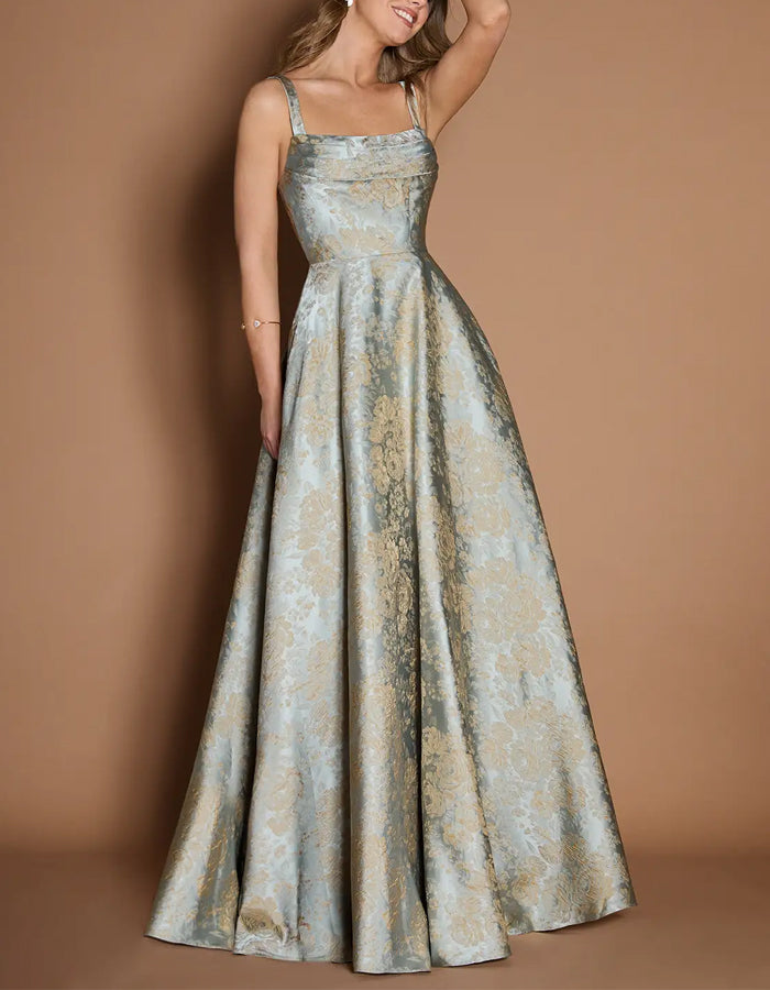 Abito lungo con bretelle in raso floreale blu