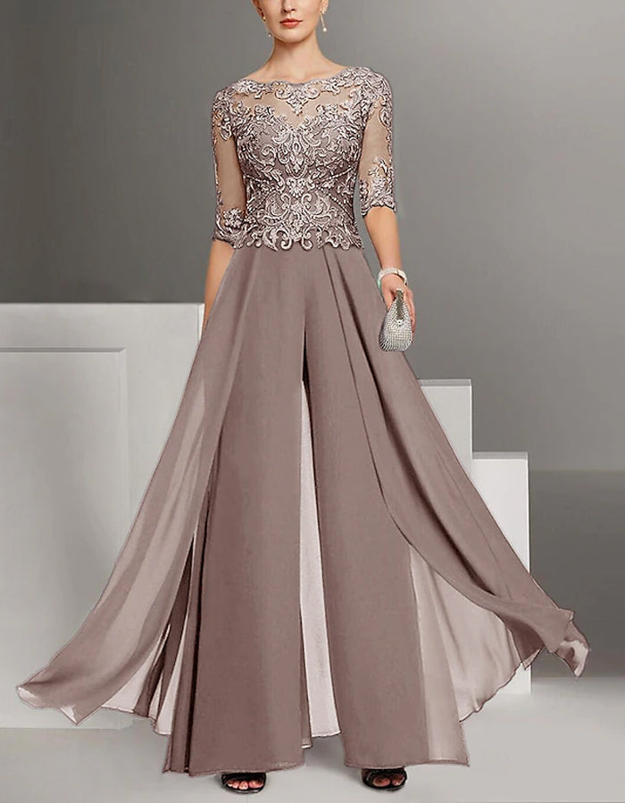 Traje de Noche de Gasa Monocolor con Encaje para la Madre de la Novia