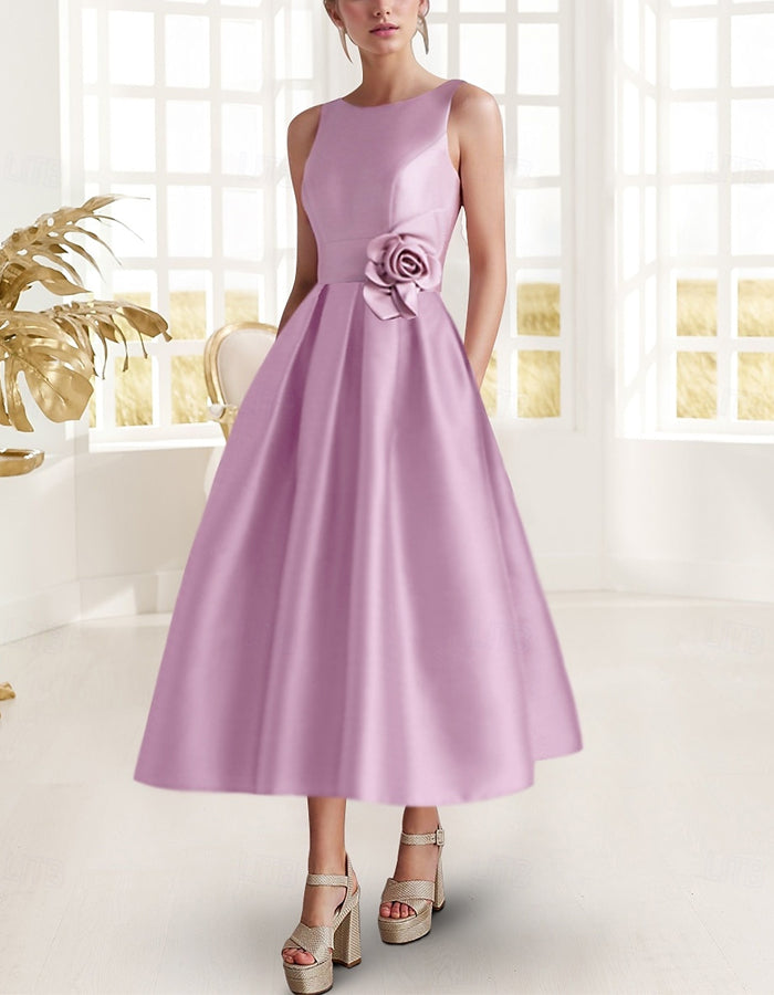 Vestido Midi de Satén Liso con Flores 3D