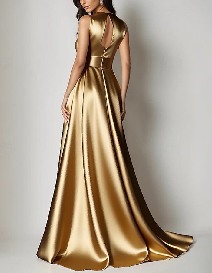 Vestido maxi formal de cetim com corte em A, cor sólida, laço de fita e comprimento até ao chão