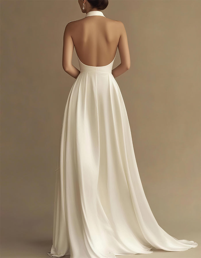 White A-line Sleeveless Halter Maxi Dress