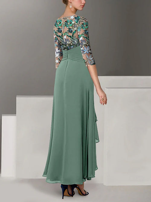 Vestido Midi de Madre de la Novia de Gasa Vintage con Bies y Bordado de Lentejuelas de Media Manga