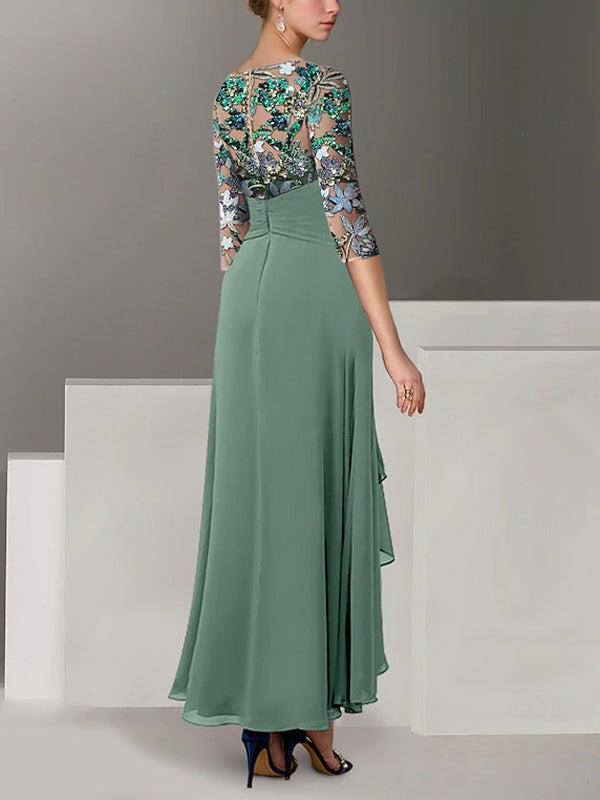 Vintage Chiffon Midi-Kleid mit halblangen Ärmeln und Paillettenstickerei