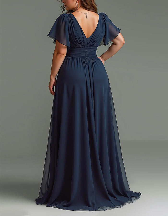 Vestido maxi azul escuro de chiffon com decote em V