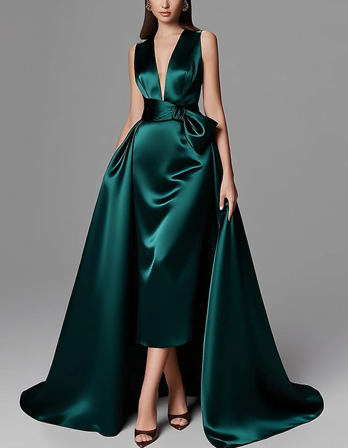 Vestido maxi formal de línea A, color liso, largo hasta el suelo, manga larga, satén con lazo.