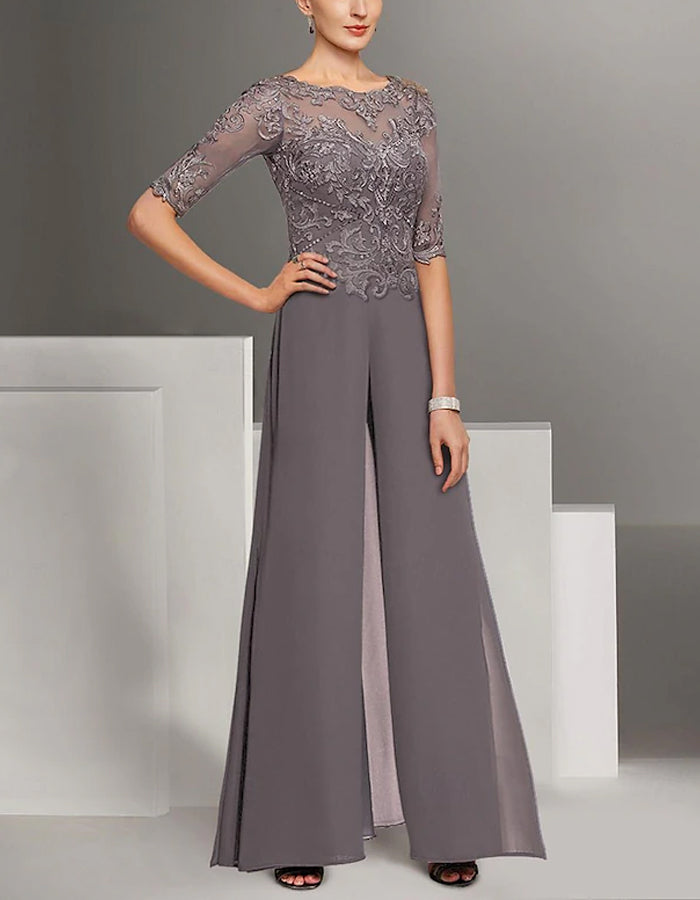 Traje de Noche de Gasa Monocolor con Encaje para la Madre de la Novia