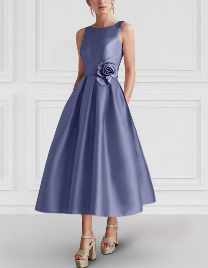 Vestido Midi de Satén Liso con Flores 3D