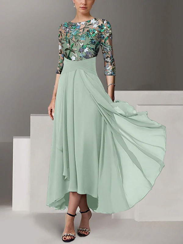 A-line Vintage Chiffon Half-sleeve Sequin Embroidery Mother Of The Bride Midi Dress