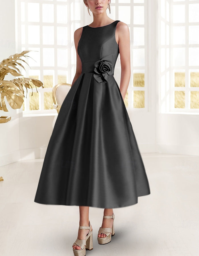 Vestido Midi de Satén Liso con Flores 3D