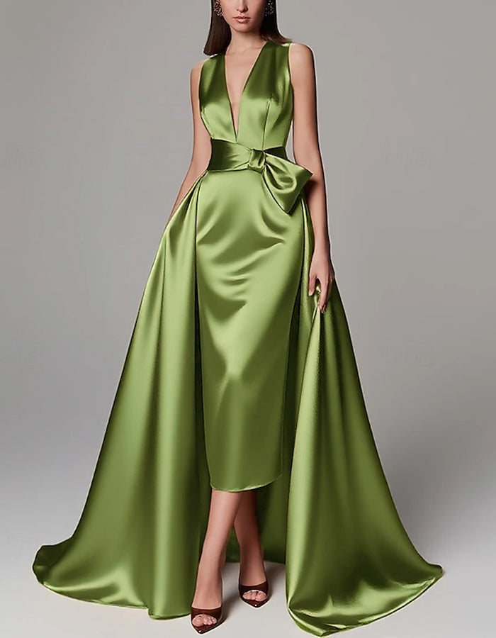 Vestido maxi formal de línea A, color liso, largo hasta el suelo, manga larga, satén con lazo.