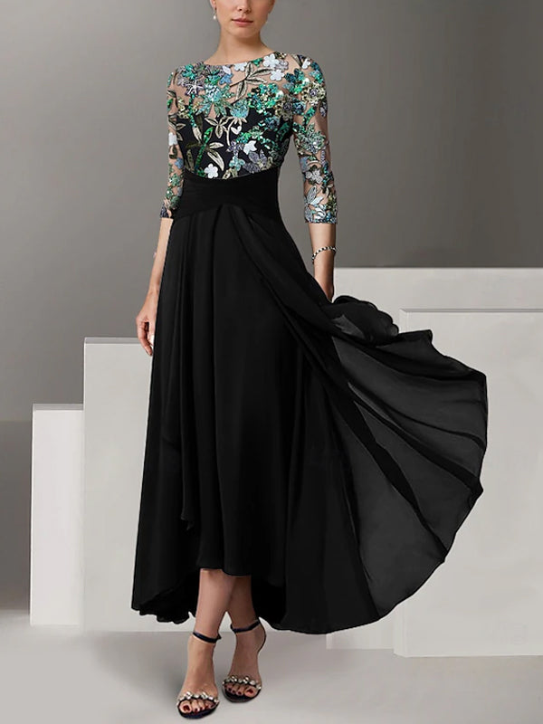 A-line Vintage Chiffon Half-sleeve Sequin Embroidery Mother Of The Bride Midi Dress