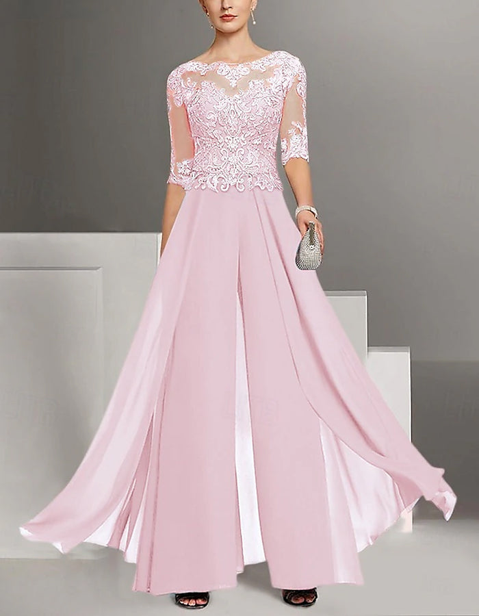 Traje de Noche de Gasa Monocolor con Encaje para la Madre de la Novia