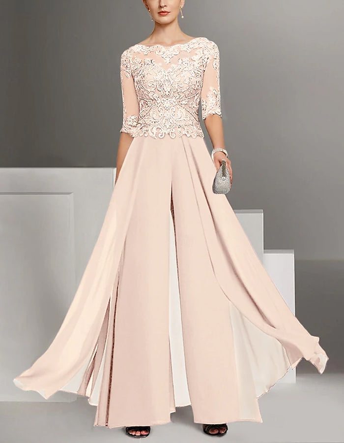 Traje de Noche de Gasa Monocolor con Encaje para la Madre de la Novia