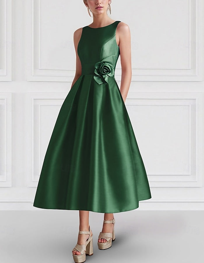 Vestido Midi de Satén Liso con Flores 3D