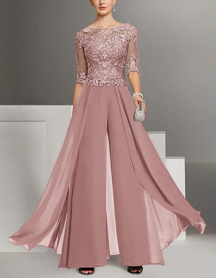 Traje de Noche de Gasa Monocolor con Encaje para la Madre de la Novia