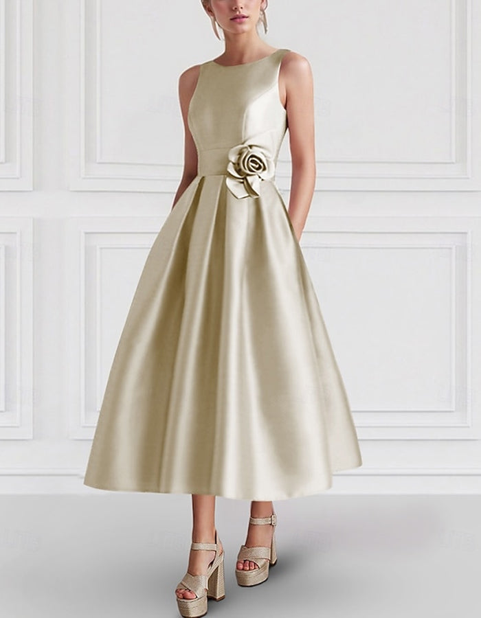 Vestido Midi de Satén Liso con Flores 3D
