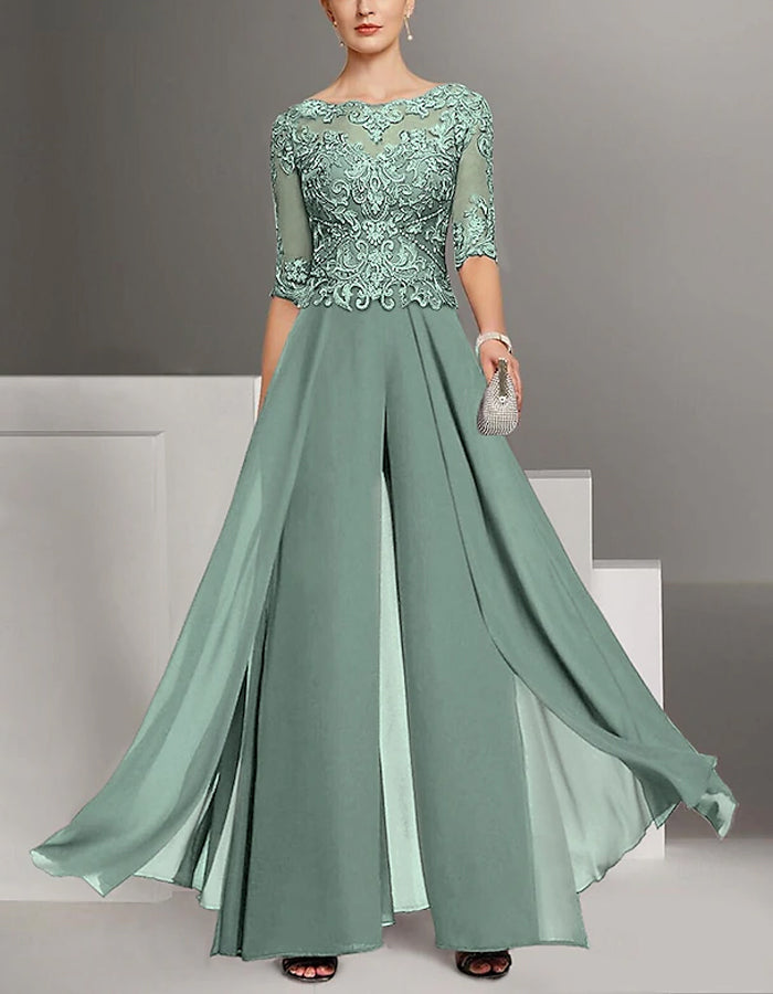 Traje de Noche de Gasa Monocolor con Encaje para la Madre de la Novia
