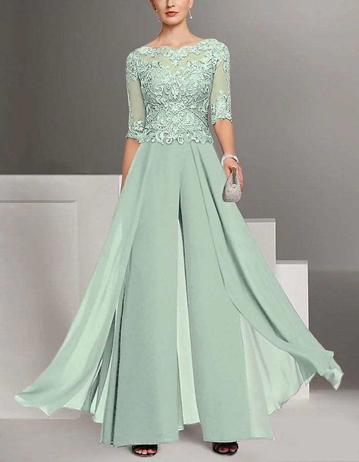 Traje de Noche de Gasa Monocolor con Encaje para la Madre de la Novia