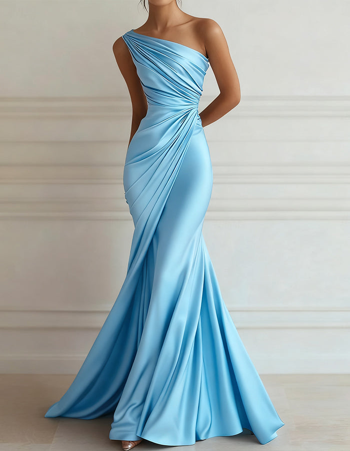 Vestido maxi de satén elástico plisado con un solo hombro