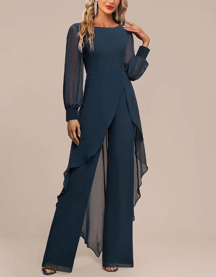 Graceful Navy Chiffon Jumpsuit with Sheer Sleeves and Draped Overlay