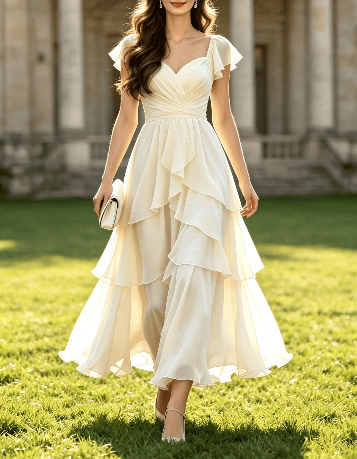 Abito midi formale in chiffon a balze con scollo quadrato e maniche svolazzanti
