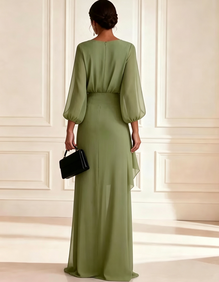 Maxikleid aus Chiffon in Salbeigrün mit V-Ausschnitt und Puffärmeln
