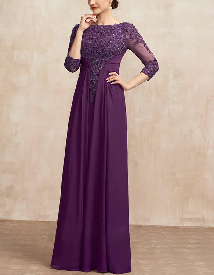 Vestido Maxi de Renda com Lantejoulas e Decote Redondo de Cor Sólida