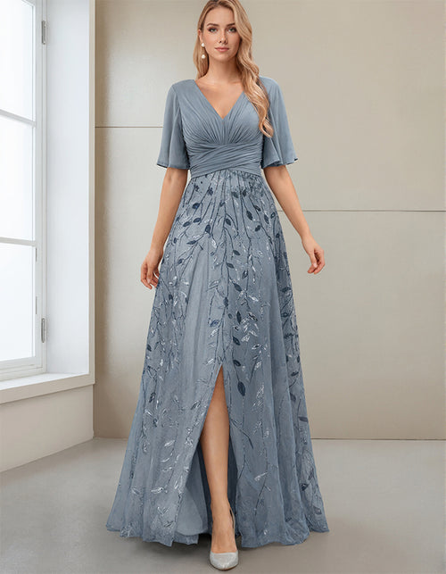 Vestido Maxi A-line para Mãe da Noiva com Decote em V, Mangas Meio Comprimento e Fenda Lateral