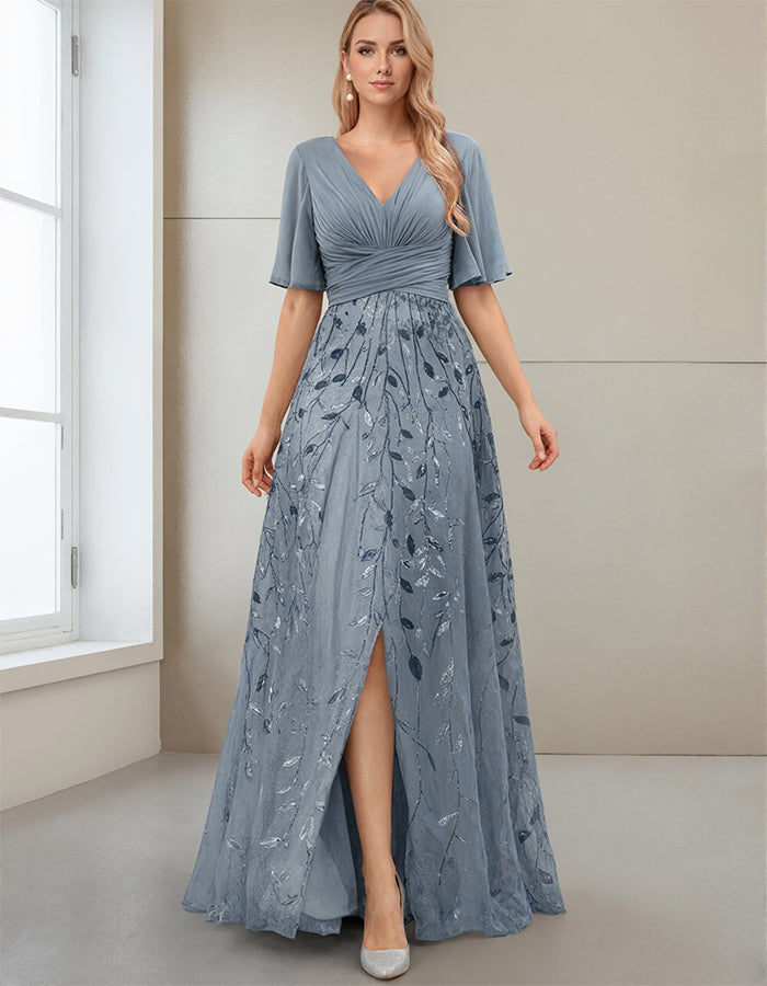 Vestido Maxi A-line para Mãe da Noiva com Decote em V, Mangas Meio Comprimento e Fenda Lateral