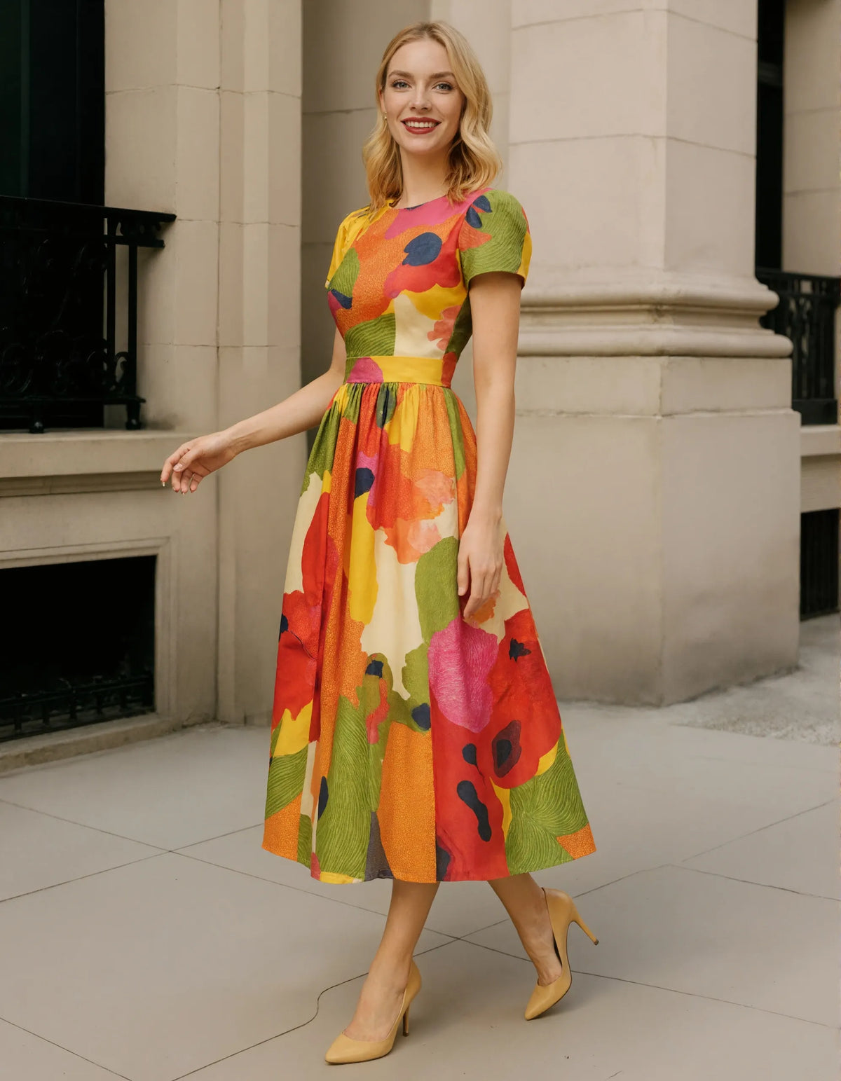 Vibrant Multicolor Satin Midi Dress with Puff Sleeves and Pleated Skirt