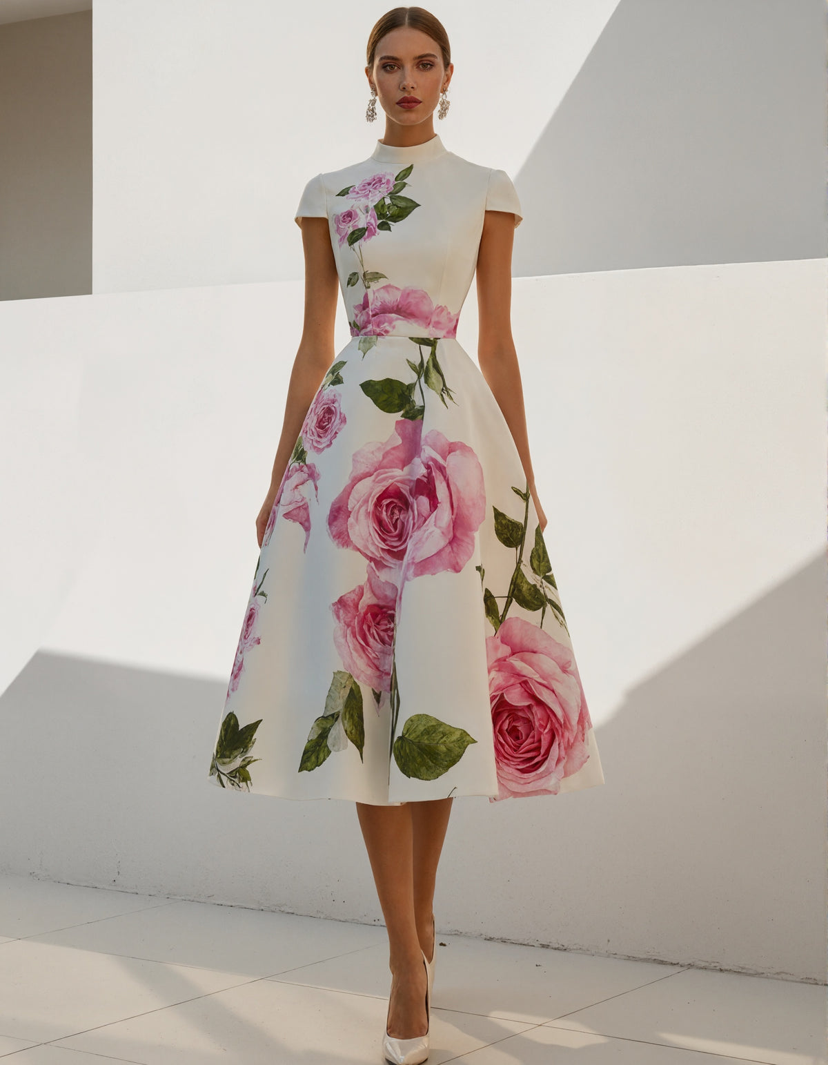 Robe élégante en satin coupe trapèze avec imprimé rose audacieux et col montant