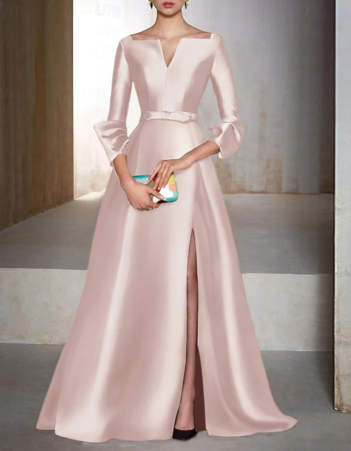 Vestido maxi de satén liso de manga larga con cuello en V