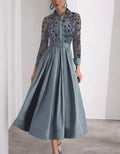 Embroidered Long-sleeved Shirt With Satin Collar Midi Dress