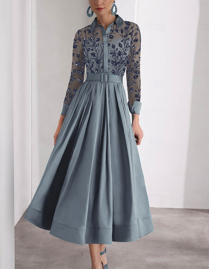 Embroidered Long-sleeved Shirt With Satin Collar Midi Dress