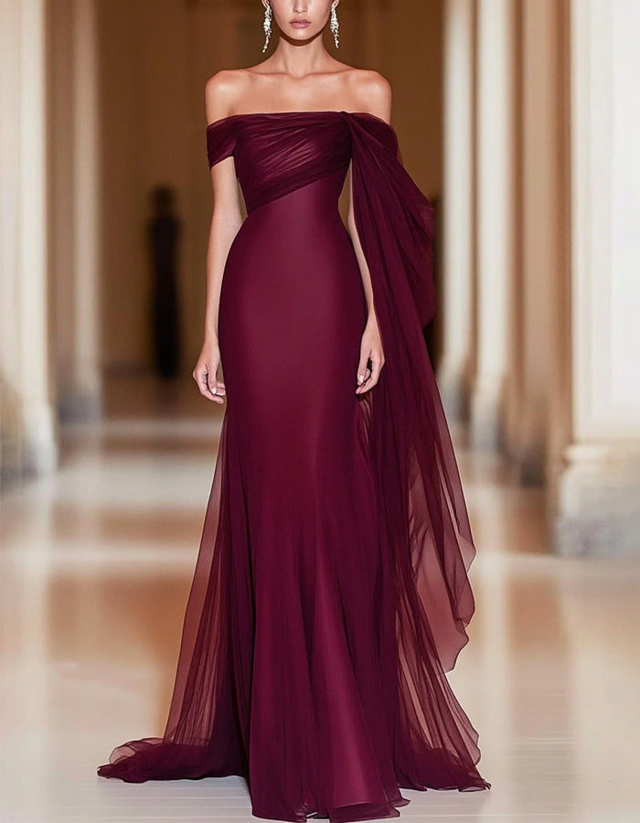Vestido maxi rojo de tul con hombros descubiertos