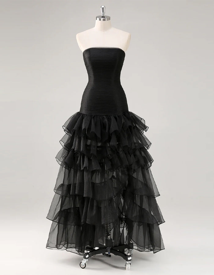 Vestido maxi sólido com corte em A, ombros descobertos, camadas e fenda