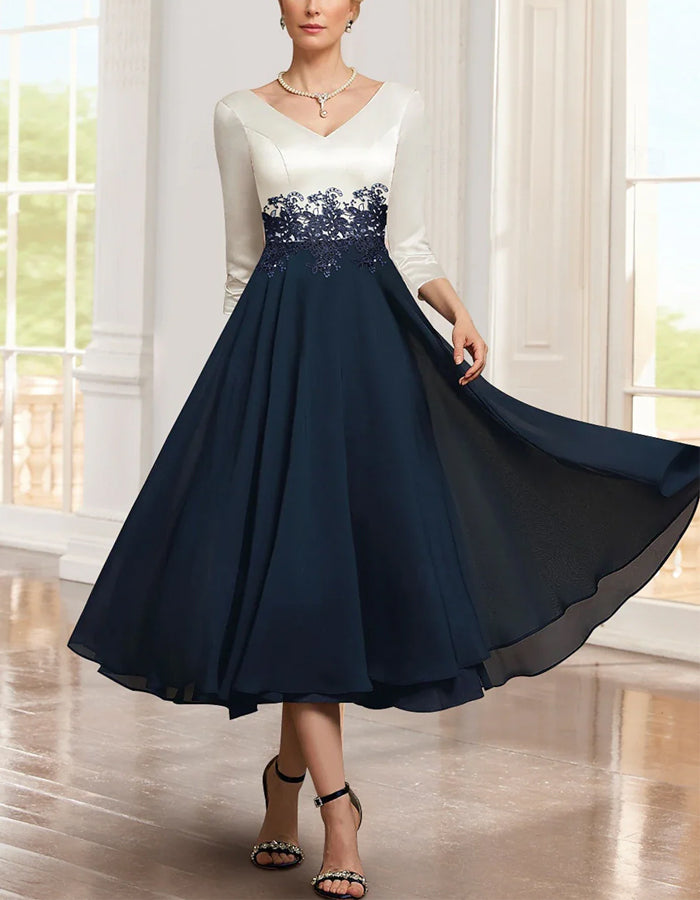 Robe midi colorblock en mousseline satinée à col en V style mère de la mariée