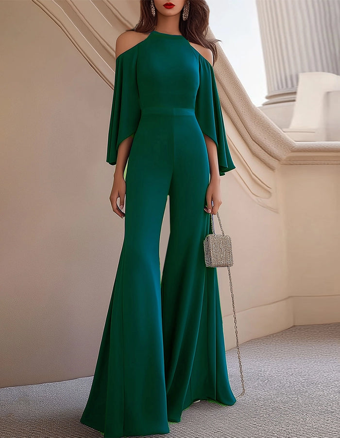 Groene jumpsuit met blote schouders en uitlopende pijpen